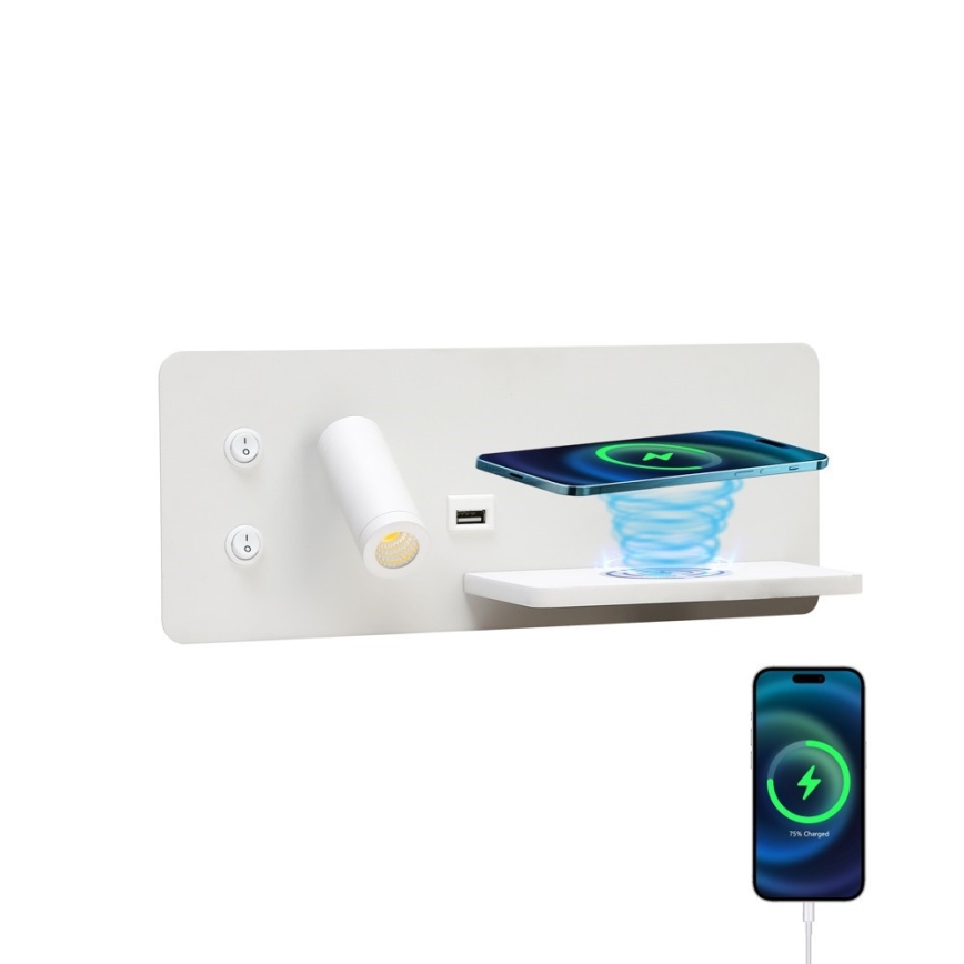 Immax 08285L - LED Reflektor ścienny z półką, portem USB i bezprzewodowym ładowaniem Be PREPARE LED/3W/230V + LED/3W biały