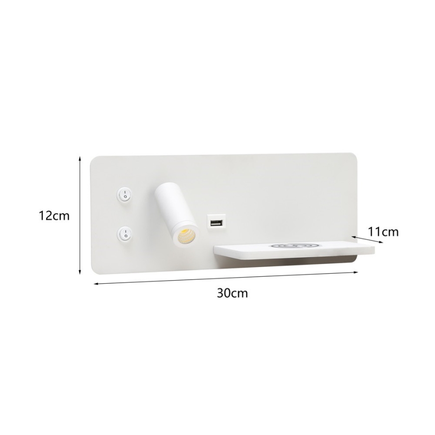 Immax 08285L - LED Reflektor ścienny z półką, portem USB i bezprzewodowym ładowaniem Be PREPARE LED/3W/230V + LED/3W biały