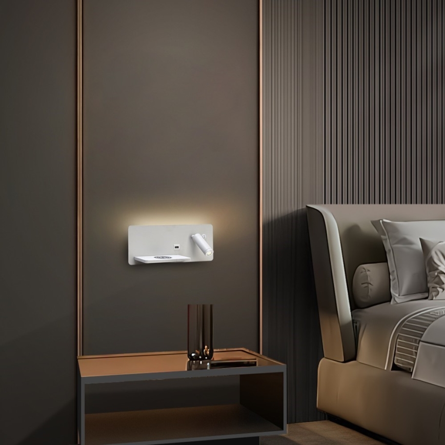 Immax 08286L - LED Reflektor ścienny z półką, portem USB i bezprzewodowym ładowaniem Be PREPARE LED/3W/230V + LED/3W biały