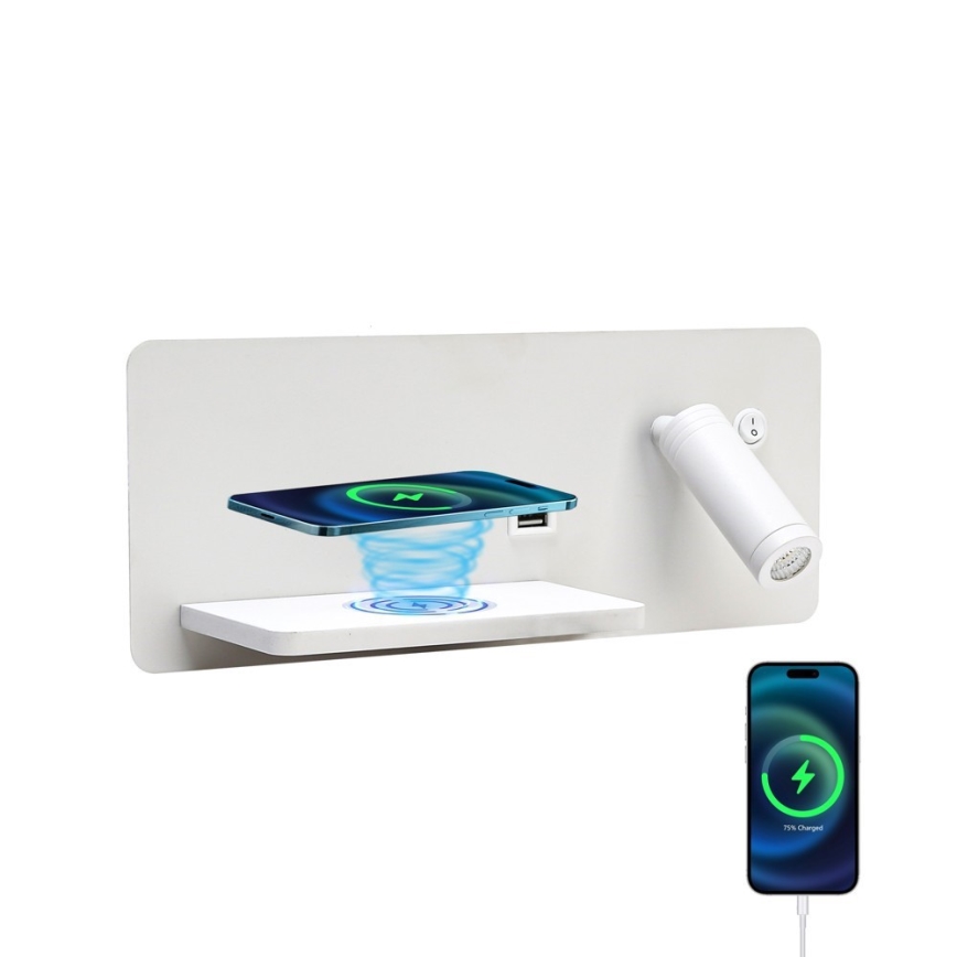Immax 08286L - LED Reflektor ścienny z półką, portem USB i bezprzewodowym ładowaniem Be PREPARE LED/3W/230V + LED/3W biały