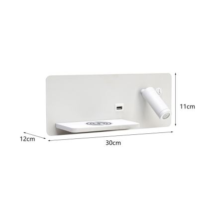 Immax 08286L - LED Reflektor ścienny z półką, portem USB i bezprzewodowym ładowaniem Be PREPARE LED/3W/230V + LED/3W biały
