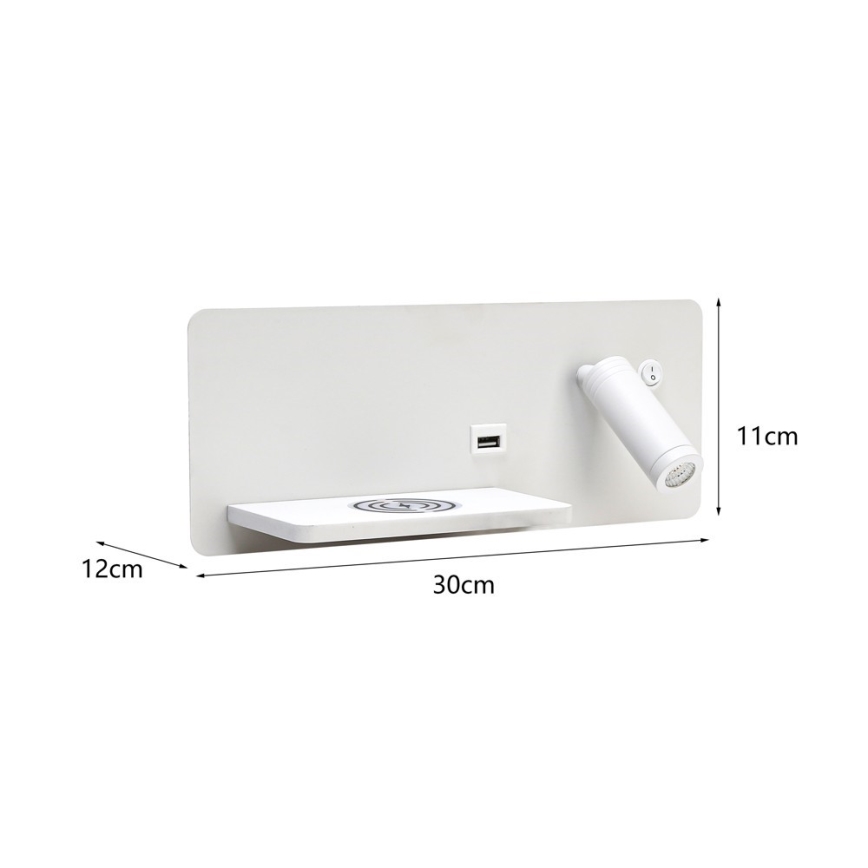 Immax 08286L - LED Reflektor ścienny z półką, portem USB i bezprzewodowym ładowaniem Be PREPARE LED/3W/230V + LED/3W biały