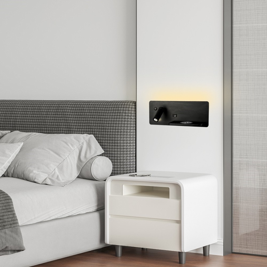 Immax 08287L - LED Reflektor ścienny z półką, portem USB i bezprzewodowym ładowaniem Be PREPARE LED/3W/230V + LED/3W czarny