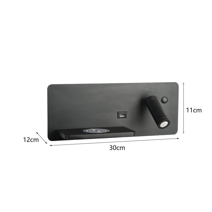 Immax 08288L - LED kinkiet punktowy z półką, portem USB i ładowaniem bezprzewodowym Be PREPARE LED/3W/230V + LED/3W czarny