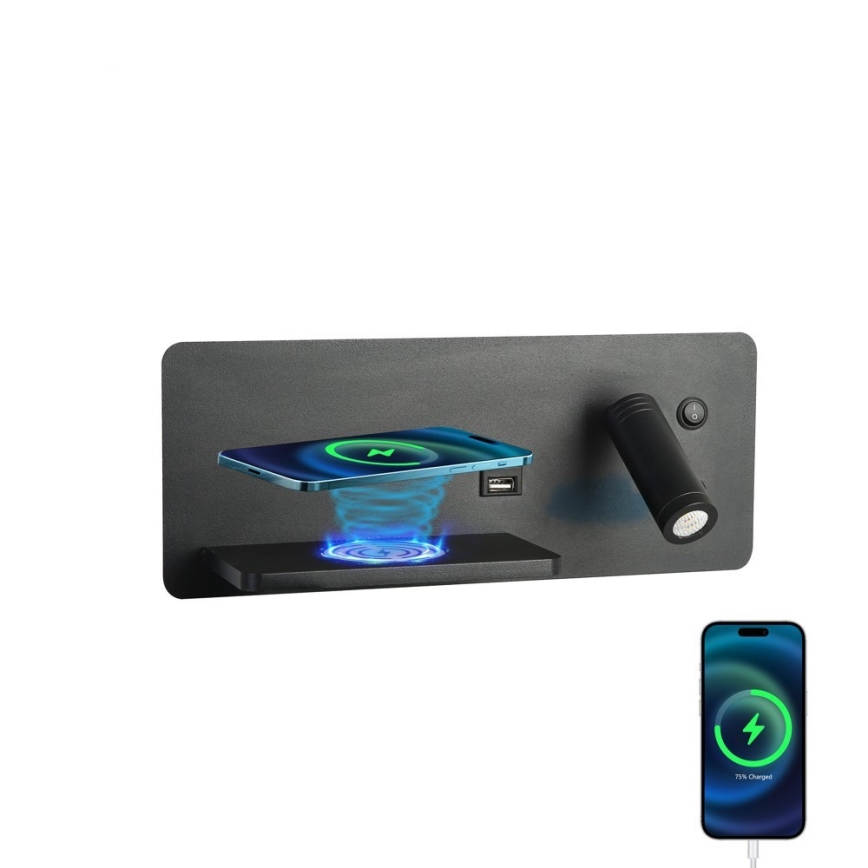 Immax 08288L - LED Reflektor ścienny z półką, portem USB i bezprzewodowym ładowaniem Be PREPARE LED/3W/230V + LED/3W czarny