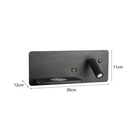 Immax 08288L - LED Reflektor ścienny z półką, portem USB i bezprzewodowym ładowaniem Be PREPARE LED/3W/230V + LED/3W czarny