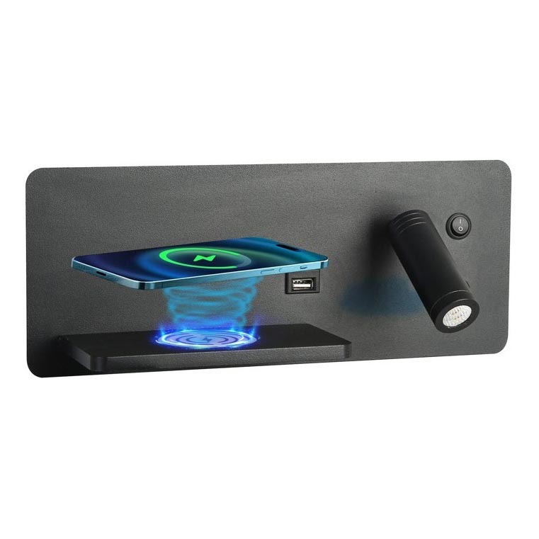 Immax 08288L - LED Reflektor ścienny z półką, portem USB i bezprzewodowym ładowaniem Be PREPARE LED/3W/230V + LED/3W czarny