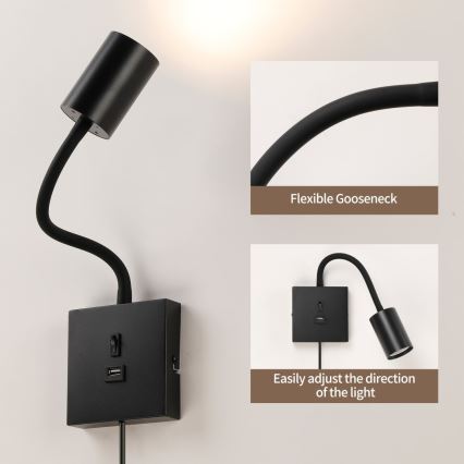 Kinkiet z USB PUNTO 1xGU10/9W/230V czarny
