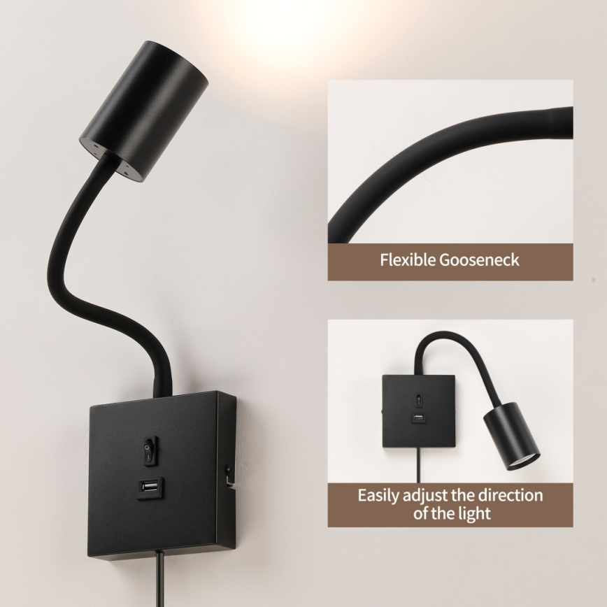 Kinkiet z USB PUNTO 1xGU10/9W/230V czarny