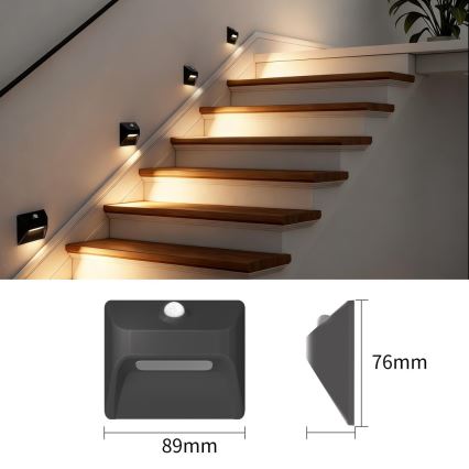 Ładowalna lampa schodowa LED z czujnikiem ruchu i zmierzchu STEP LIGHT LED/0,3W/3,7V 2200 mAh IP53 czarna
