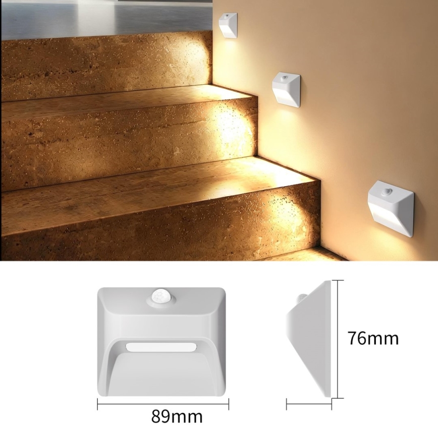 Ładowalna lampa schodowa LED z czujnikiem ruchu i zmierzchu STEP LIGHT LED/0,3W/3,7V 2200 mAh IP53 biała