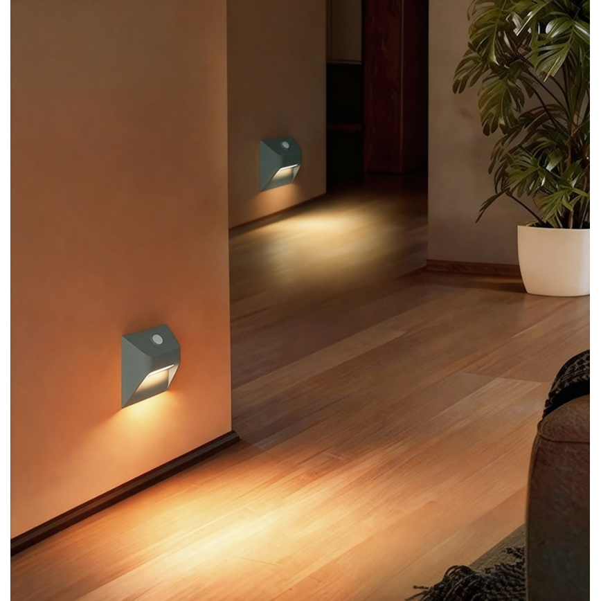 Ładowalna oprawa schodowa LED z czujnikiem ruchu i zmierzchu STEP LIGHT LED/0,3W/3,7V 2200 mAh IP53 szara