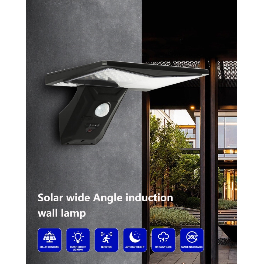 LED Kinkiet solarny z czujnikiem LED/2,6W/5,5V IP65 1800 mAh czarny