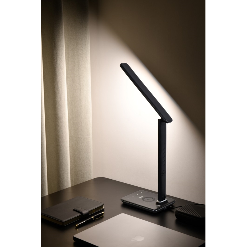 LED Ściemnialna lampa z ładowaniem bezprzewodowym QI and USB KINGFISHER LED/8,5W/230V czarna