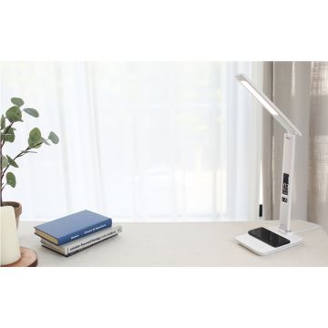 LED Ściemnialna lampa z ładowaniem bezprzewodowym QI and USB KINGFISHER LED/8,5W/230V biała