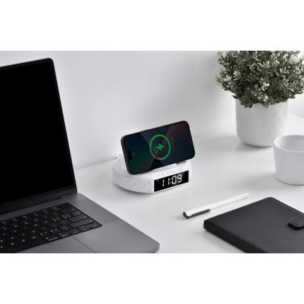 Budzik z wyświetlaczem LCD i bezprzewodową ładowarką Qi 27W/9V 220 mAh biały