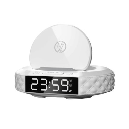 Budzik z wyświetlaczem LCD i bezprzewodową ładowarką Qi 27W/9V 220 mAh biały