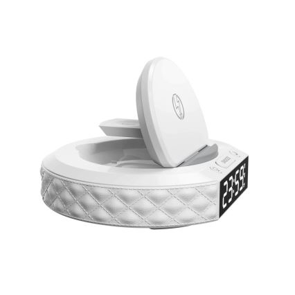 Budzik z wyświetlaczem LCD i bezprzewodową ładowarką Qi 27W/9V 220 mAh biały