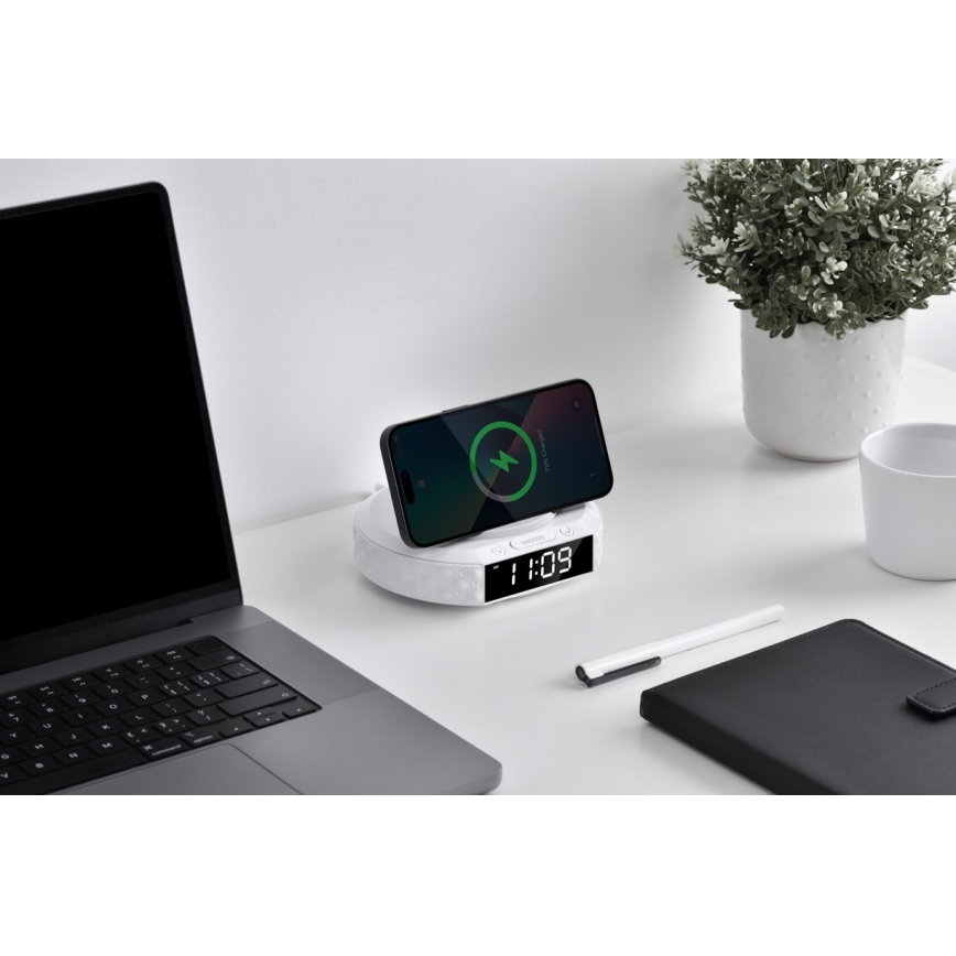 Budzik z wyświetlaczem LCD i bezprzewodową Qi ładowarką 27W/9V 220 mAh biały
