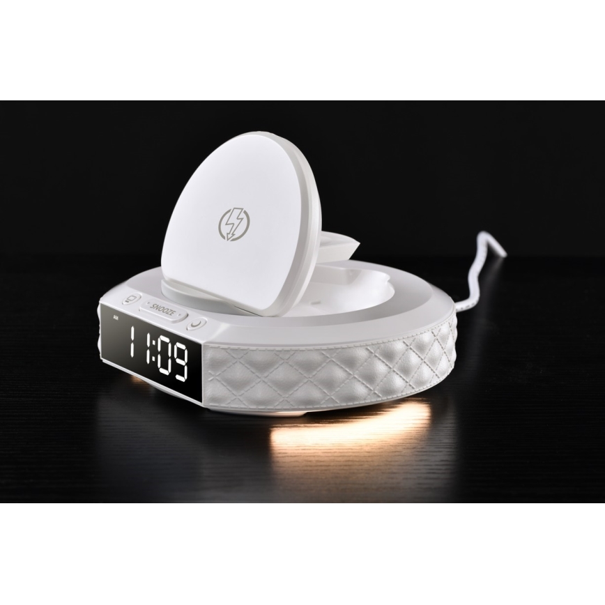 Budzik z wyświetlaczem LCD i bezprzewodową Qi ładowarką 27W/9V 220 mAh biały