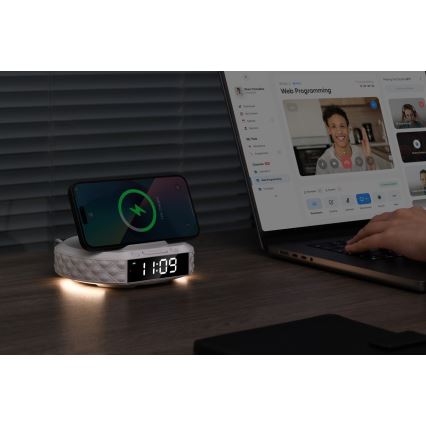 Budzik z wyświetlaczem LCD i bezprzewodową Qi ładowarką 27W/9V 220 mAh biały
