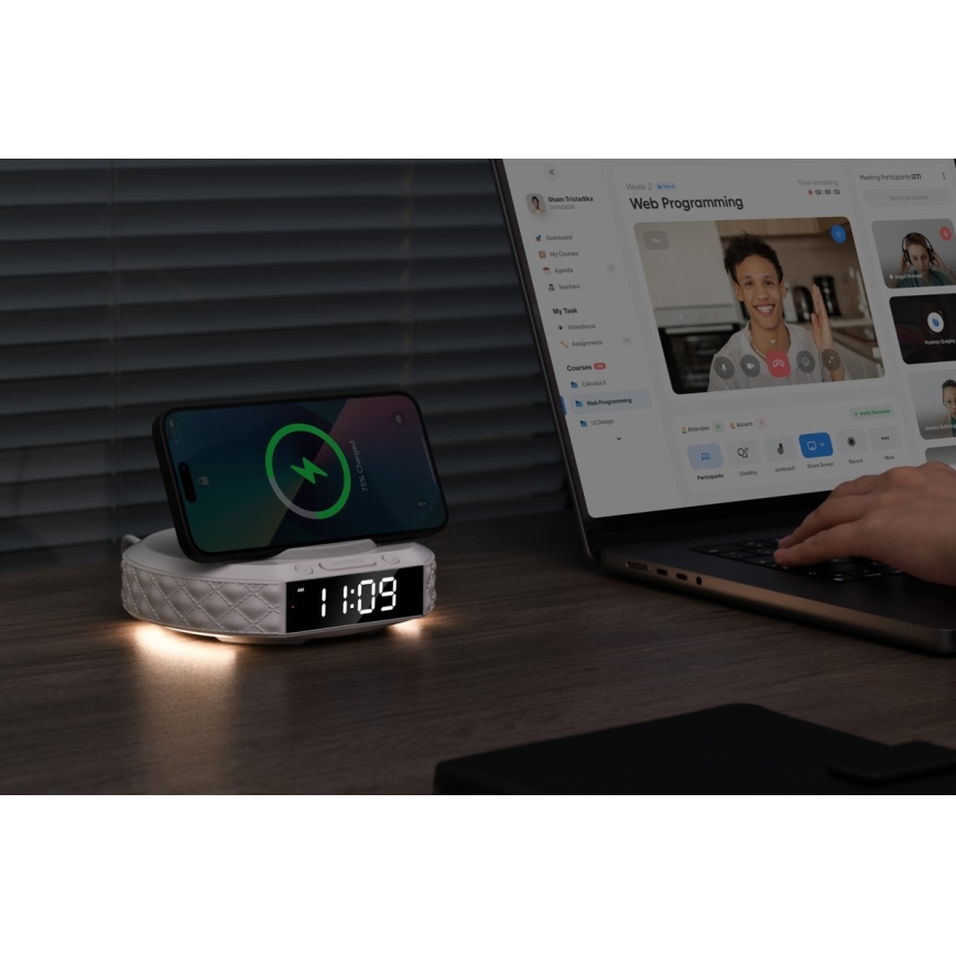 Budzik z wyświetlaczem LCD i bezprzewodową Qi ładowarką 27W/9V 220 mAh biały