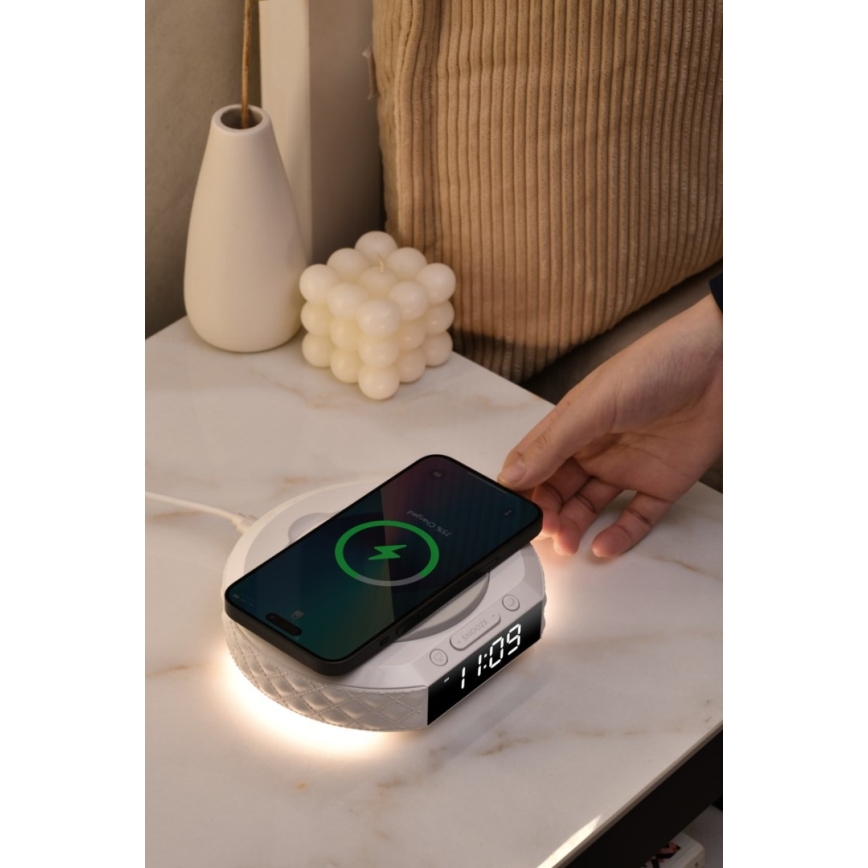 Budzik z wyświetlaczem LCD i bezprzewodową Qi ładowarką 27W/9V 220 mAh biały