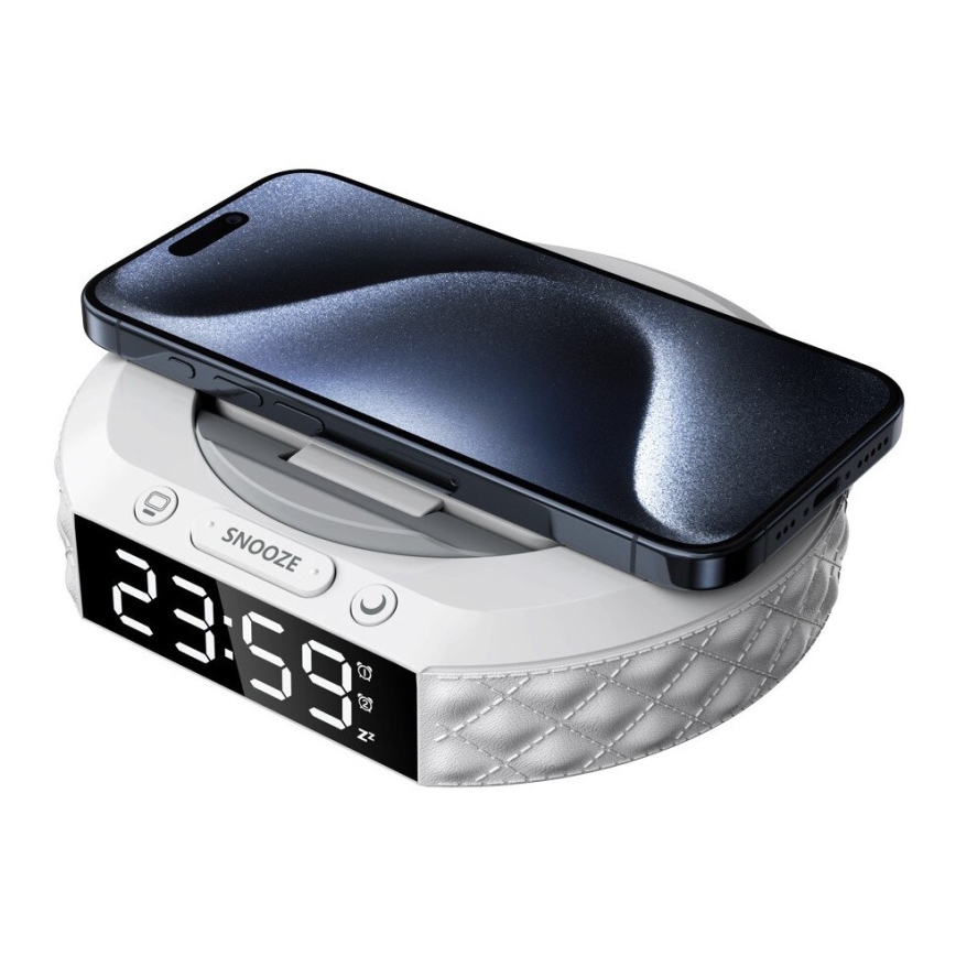 Budzik z wyświetlaczem LCD i bezprzewodową Qi ładowarką 27W/9V 220 mAh biały