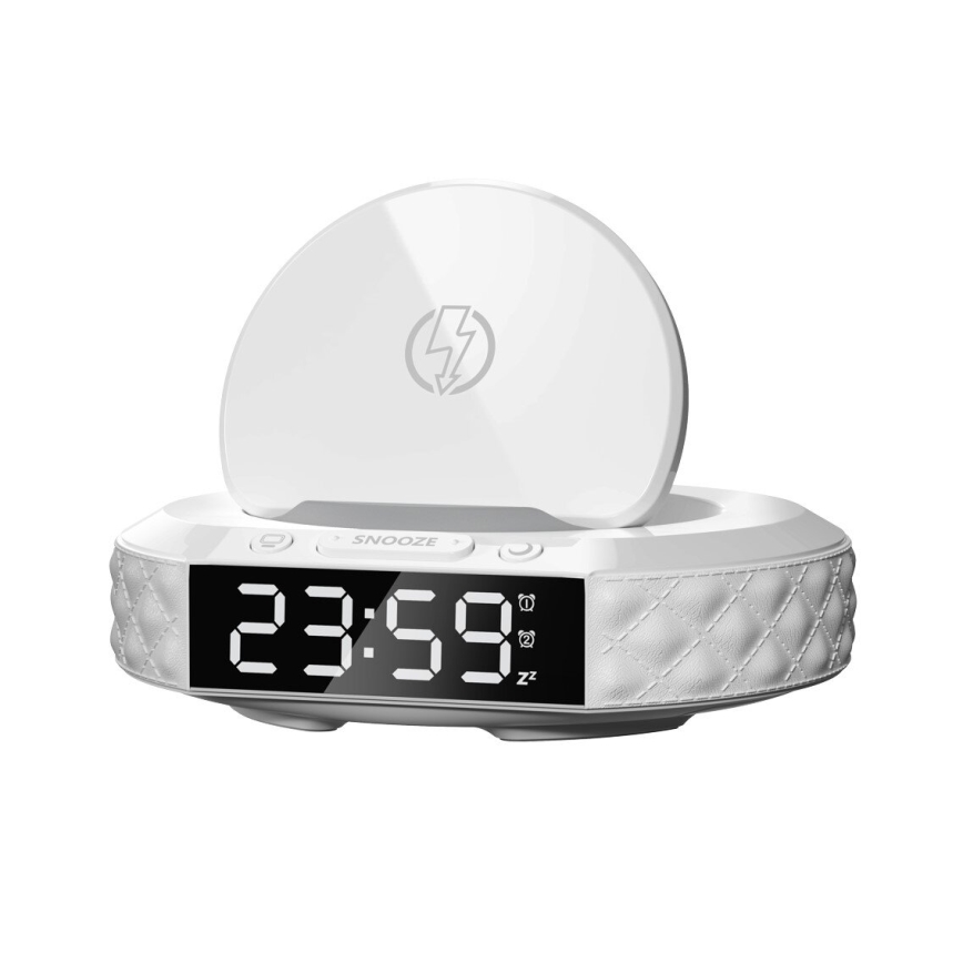 Budzik z wyświetlaczem LCD i bezprzewodową Qi ładowarką 27W/9V 220 mAh biały