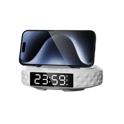 Budzik z wyświetlaczem LCD i bezprzewodową Qi ładowarką 27W/9V 220 mAh biały