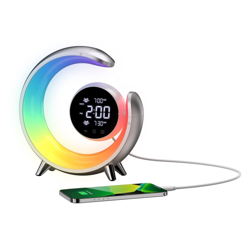 LED RGBW Regulowana lampa stołowa z budzikiem LED/20W/5V USB srebrna
