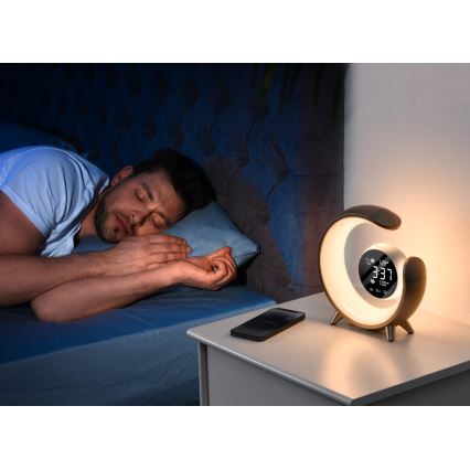LED RGBW Ściemnialna lampa stołowa z budzikiem LED/20W/5V USB srebrny