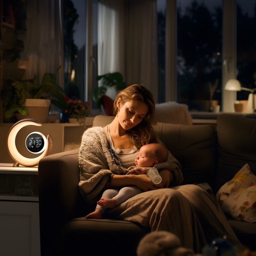 LED RGBW Ściemnialna lampa stołowa z budzikiem LED/20W/5V USB srebrny