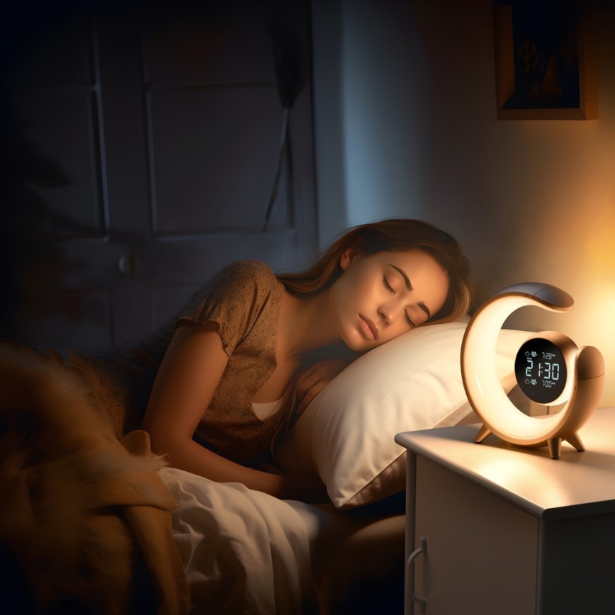 LED RGBW Ściemnialna lampa stołowa z budzikiem LED/20W/5V USB srebrny
