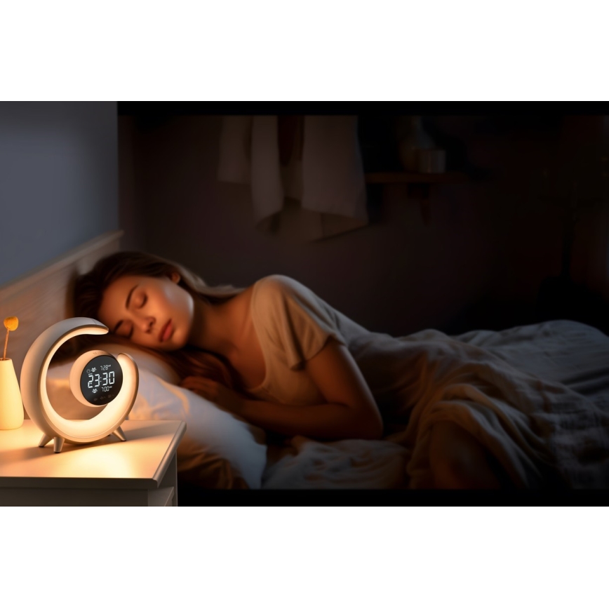LED RGBW Ściemnialna lampa stołowa z budzikiem LED/20W/5V USB srebrny