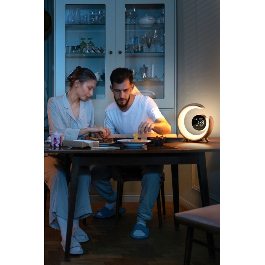 LED RGBW Ściemnialna lampa stołowa z budzikiem LED/20W/5V USB srebrny