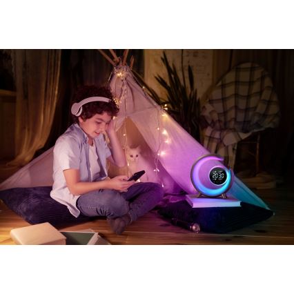 LED RGBW Ściemnialna lampa stołowa z budzikiem LED/20W/5V USB srebrny