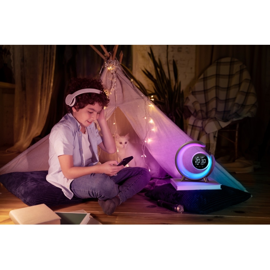 LED RGBW Ściemnialna lampa stołowa z budzikiem LED/20W/5V USB srebrny