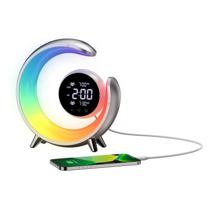 LED RGBW Ściemnialna lampa stołowa z budzikiem LED/20W/5V USB srebrny