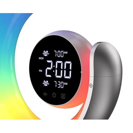 LED RGBW Ściemnialna lampa stołowa z budzikiem LED/20W/5V USB srebrny