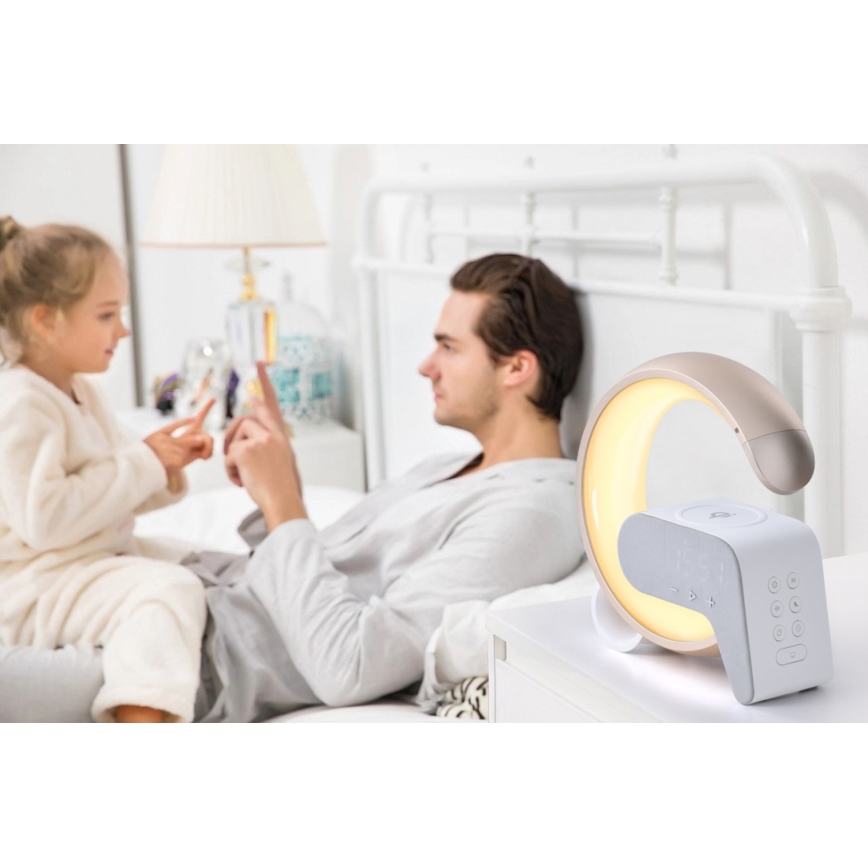 LED RGB Ściemnialna lampa z budzikiem i ładowarką Qi 30W/230V złoty
