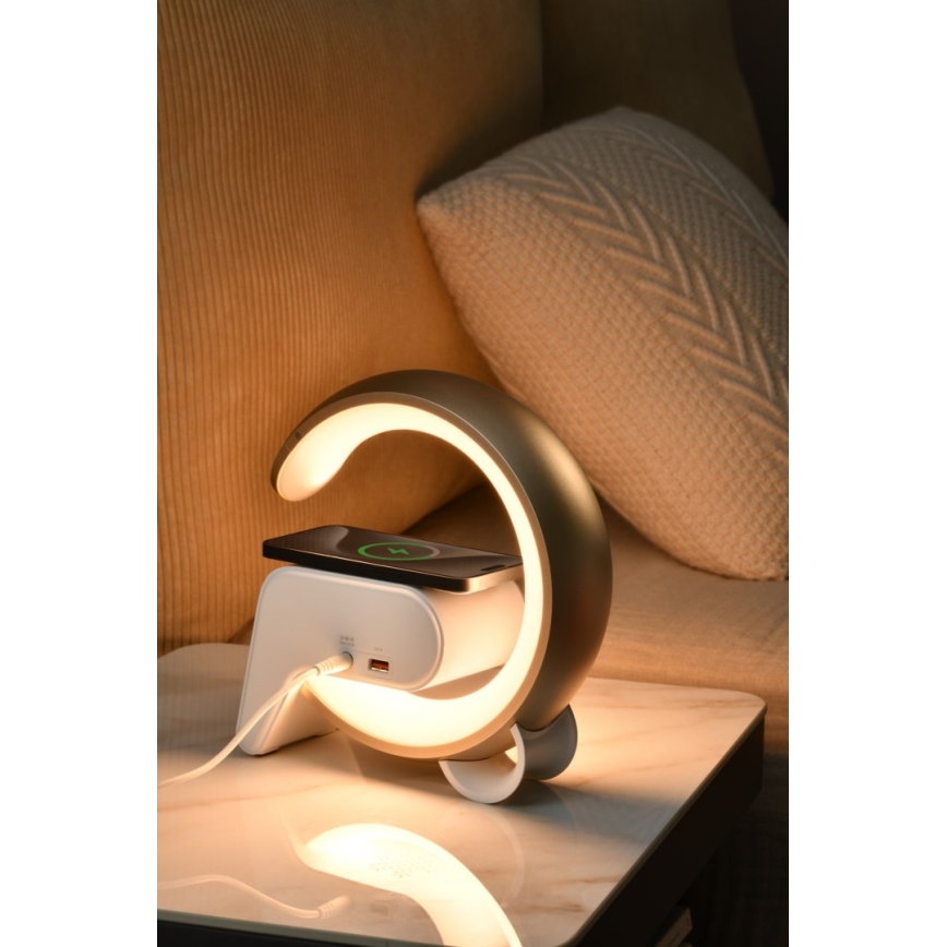 LED RGB Ściemnialna lampa z budzikiem i ładowarką Qi 30W/230V złoty
