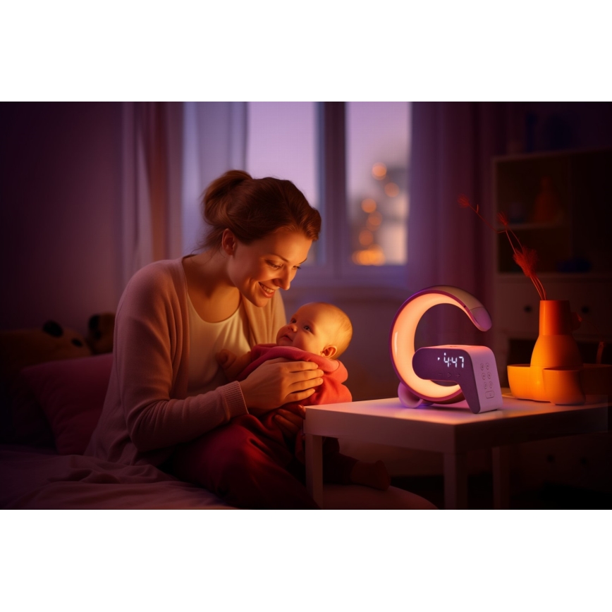 LED RGB Ściemnialna lampa z budzikiem i ładowarką Qi 30W/230V złoty