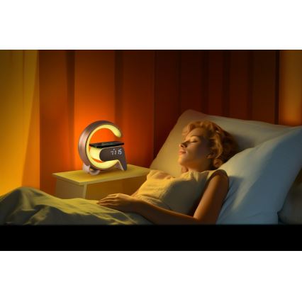 LED RGB Ściemnialna lampa z budzikiem i ładowarką Qi 30W/230V złoty