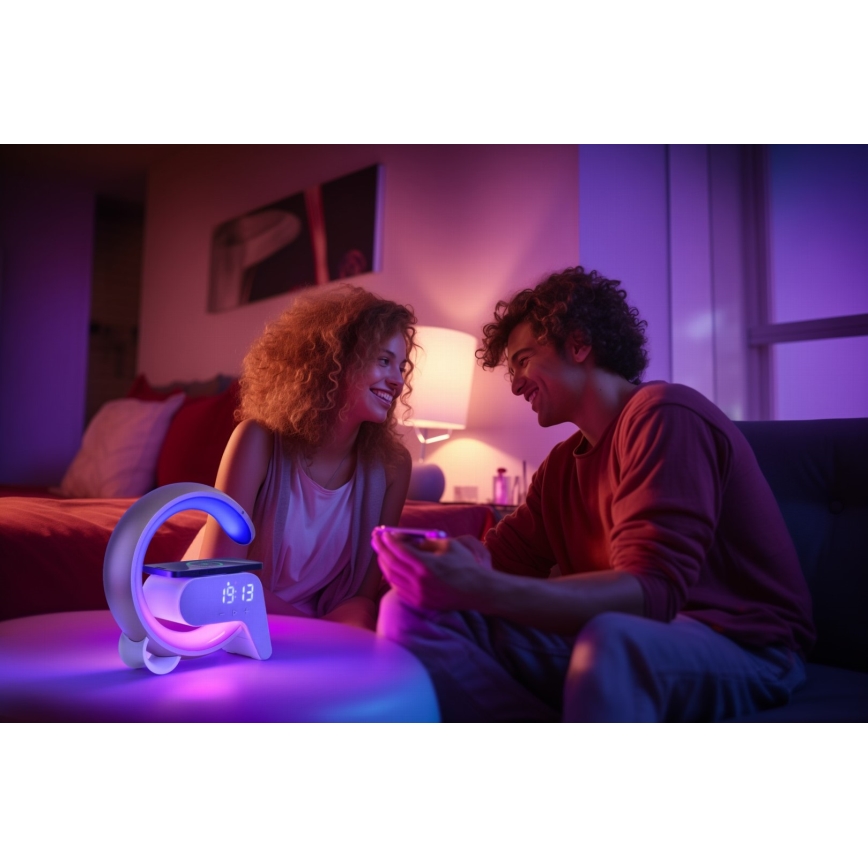 LED RGB Ściemnialna lampa z budzikiem i ładowarką Qi 30W/230V złoty