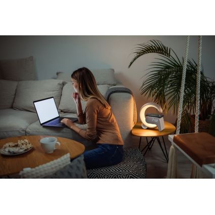 LED RGB Ściemnialna lampa z budzikiem i ładowarką Qi 30W/230V złoty