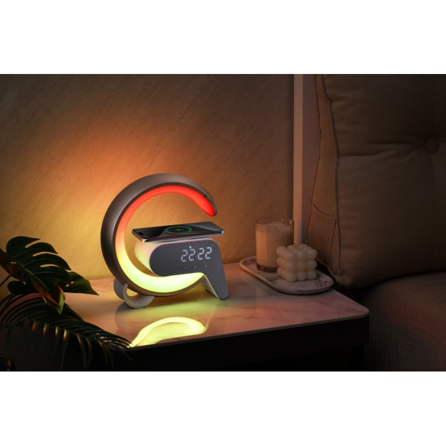 LED RGB Ściemnialna lampa z budzikiem i ładowarką Qi 30W/230V złoty