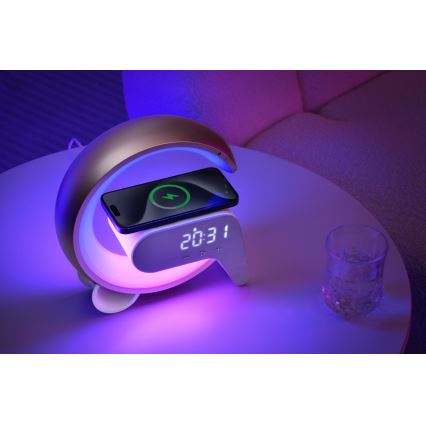 LED RGB Ściemnialna lampa z budzikiem i ładowarką Qi 30W/230V złoty