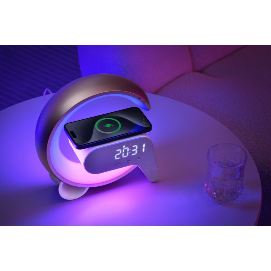 LED RGB Ściemnialna lampa z budzikiem i ładowarką Qi 30W/230V złoty