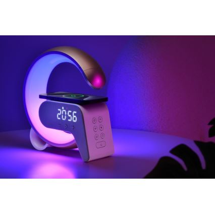 LED RGB Ściemnialna lampa z budzikiem i ładowarką Qi 30W/230V złoty